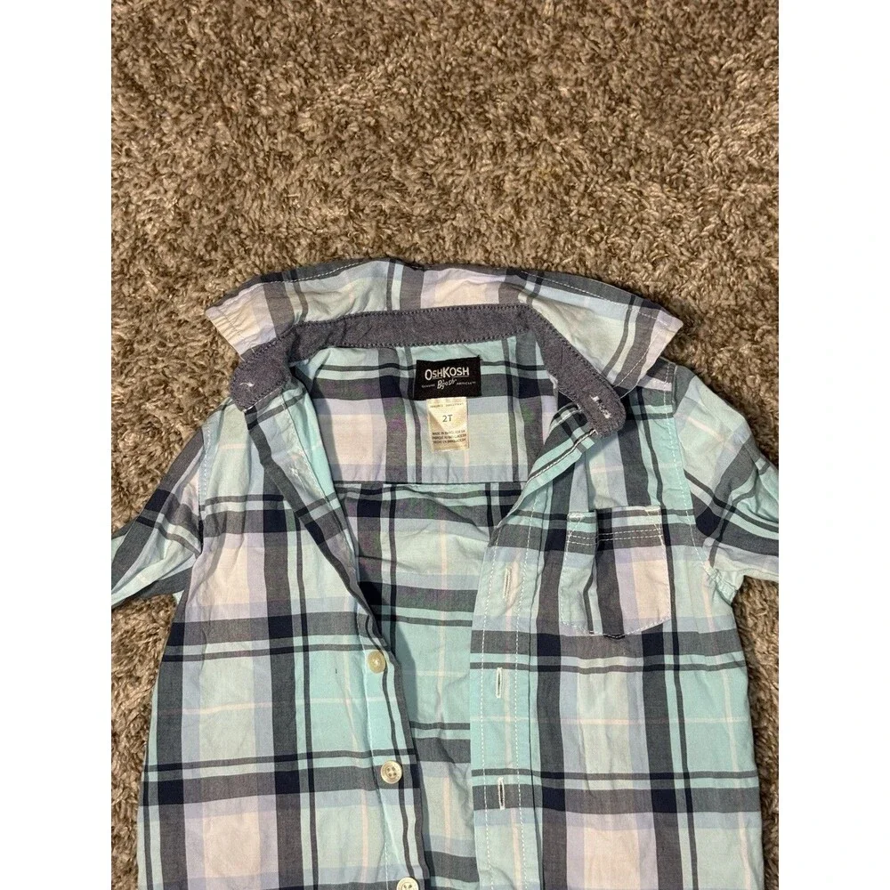 OshKosh B’gosh Boys 2T Blue White Plaid Button Down Shirt Long Sleeve